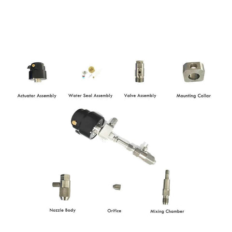 Amazon waterjet pump spare parts kit with actuator assembly, valve, nozzle body, mounting collar, mixing chamber, orifice.