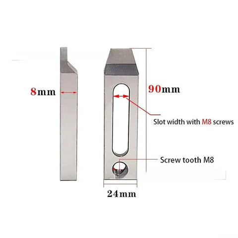 Stainless Steel Jig Holder And Clamp Tool For CNC Wire EDM Machines With M6 M8 M10 Compatibility Pressure Plate, side and front views with measurements