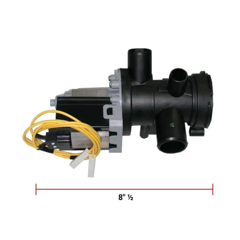 Top Shelf GE Washer Drain Pump Assembly Repair Kit Wh23X10011 Ckd10011X showing a black pump with yellow wires, 8.5 inches long.