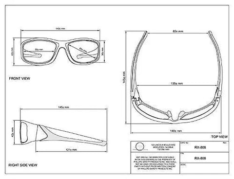 Technical drawing of Badass CO2 Laser Safety Glasses Featuring Kickass Black Wraparound Frames dimensions and views for workshop pros.