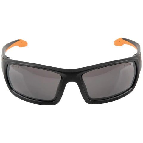 Pro Grade Safety Glasses Kit With Full Frame Lenses And Breakaway Lanyard Eight Piece Set For Extra Coverage And Superior Impact Protection ANSI Z87.1 Plus CSA Z94.3 Certified Eye Gear For Work Sites Gray Lenses, front view of gray full frame lenses.