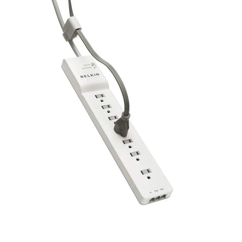 Image of a 7 Outlet Surge Protector Power Strip with 6 Foot Heavy Duty Extension Cord in white, suitable for home, office, and travel.