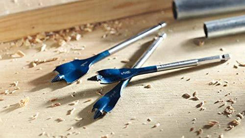 Group of blue Daredevil spade bits on a wood workbench; 1 in x 6 in, three pieces.