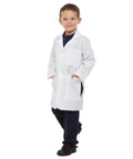 Kid wearing Kids Doctor Lab Coat Costume For Unisex Dress Up Play With Realistic Three Quarter Length Coat Long Sleeves Front Pockets Side Slits