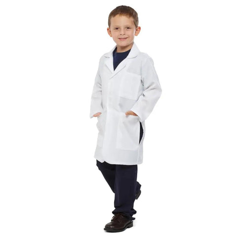 Kid wearing Kids Doctor Lab Coat Costume For Unisex Dress Up Play With Realistic Three Quarter Length Coat Long Sleeves Front Pockets Side Slits