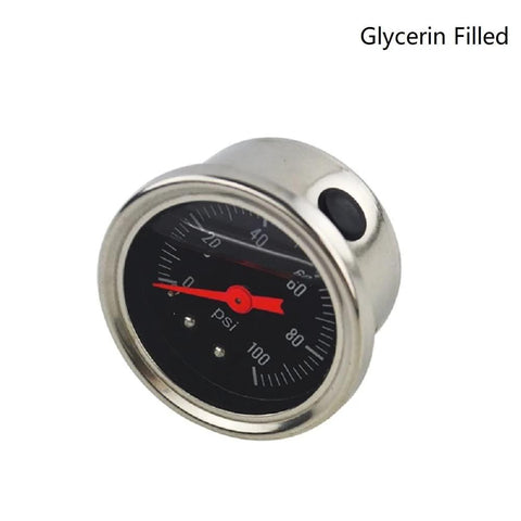 Oil/fuel pressure gauge, glycerin-filled, 0-100 psi, front view with red needle and chrome bezel