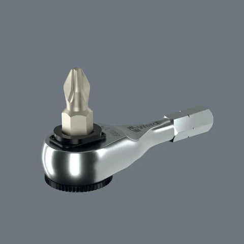 Zyklop Mini 4 Bit Ratchet One Quarter Inch Drive with hex bit shown on a gray background, made of drop-forged steel.
