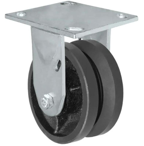 Rigid caster with square metal mounting plate and black V-groove polyurethane wheel (5 x 2 in)