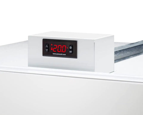 Digital thermostat display of Top Tier 33 Inch Upright Freezer With Built In Icemaker And True No Frost Operation.