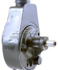 Premium Remanufactured Power Steering Pump With Reservoir, side view, black metal assembly with plumbing connections.