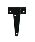 Lightweight Painted Black T Shaped Design Hinge For Fence And Wood Gate, Built For DIYers, top view showcasing holes for screws.
