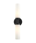 Two Light Slick Black ADA Vanity Light With Satin Opal Glass Cylinders From Aero Collection, Modern Bathroom Wall Sconce, front view