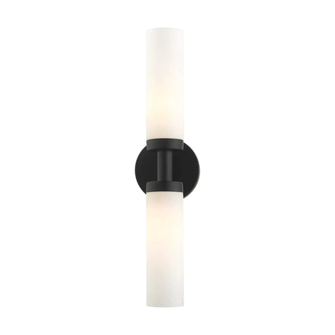 Two Light Slick Black ADA Vanity Light With Satin Opal Glass Cylinders From Aero Collection, Modern Bathroom Wall Sconce, front view