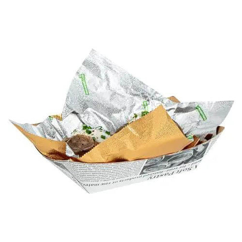 Gold Embossed Pop-Up Foil Sheets 10.8 X 9 Inch interfolded greaseproof and freezable oven ready aluminum foil papers in a basket