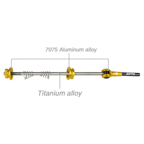 Ultra Light Titanium Alloy Bike Quick Release Skewers, showing titanium axle and aluminum handle with gold finish, side view