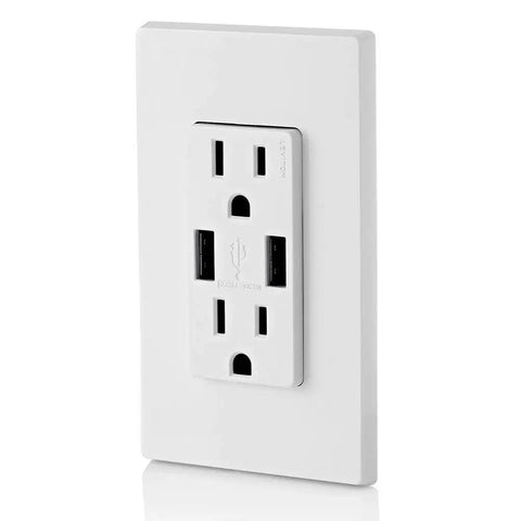 Smart In-Wall USB Charger With 15A Tamper-Resistant Outlet, Dual USB Ports Put Out Up To 3.6A Total in white installation view