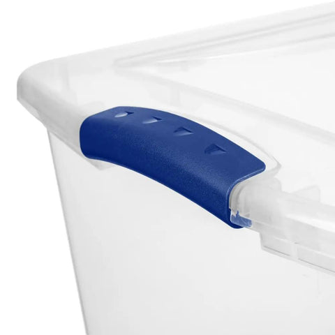 Hella Tough 66 Quart Clear Plastic Storage Bins With Secure Twist Latches And Smart Stack Design close-up of blue handle on clear lid