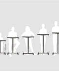 Hella Sturdy Height Adjustable Mobile Standing Desk With Smooth Glide Casters And Rustproof White Steel Top Portable Laptop Workstation And Rolling Podium For Home Office Space showing height adjustment from 765mm to 1105mm with silhouettes.