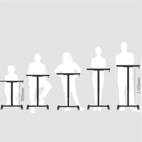 Hella Sturdy Height Adjustable Mobile Standing Desk With Smooth Glide Casters And Rustproof White Steel Top Portable Laptop Workstation And Rolling Podium For Home Office Space showing height adjustment from 765mm to 1105mm with silhouettes.