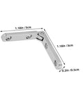 Close-up of zinc alloy 90-degree hinge for jewelry boxes, small folding hardware for chests, showing dimensions and right angle design.