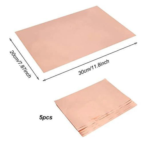 Copper Foil Sheets With Conductive Adhesive Tape For Guitar Crafts And Electrical Repairs, pack of 5, dimensions shown