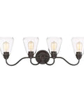 Foundry 4 Light Bathroom Vanity Light Fixture Satin Bronze With Clear Glass Shades Damp Location UL Listed 90204 SB Dope Modern Vibe For Bath Or Powder Room, showing a steel frame with four clear glass shades.