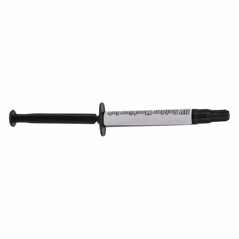 UV Curable Solder Mask Ink For PCB Repair With Needle Set, Fast Curing Pro Grade PCB Paint in a syringe, black applicator, side view.