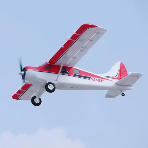 Beaver V2 Seaplane RC Plane With 2000mm Wingspan 78 Inches in flight showing red and white design, six channel remote, LED lights.