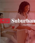 Suburban brand logo overlay on a kitchen scene with a woman cooking at the stove