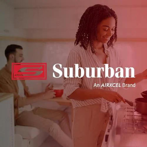 Suburban brand logo overlay on a kitchen scene with a woman cooking at the stove