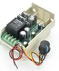 DC motor controller module with relay, potentiometer, and green terminal block on a beige enclosure; red, black and yellow wires.