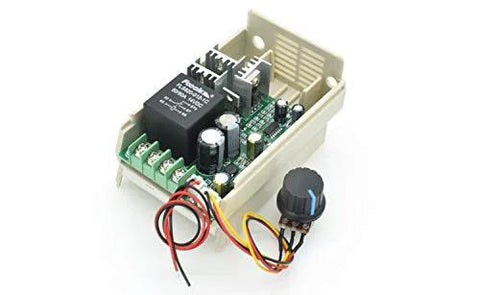 DC motor controller module with relay, potentiometer, and green terminal block on a beige enclosure; red, black and yellow wires.