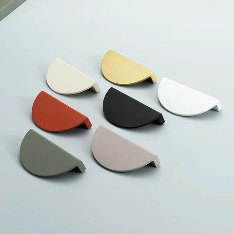 Variety of semicircle cabinet handles in different colors, including green, showcasing design and material options for Green Half Moon Drawer Pulls 2.5 Inch Four Pieces With Screws Semicircle Cabinet Handles For Kitchen Cupboard And Bedroom Furniture Aluminum Alloy Durable Knobs With Smooth Edges And Matte Green Finish.