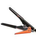 Pro Grade Heavy Duty Cable Tie Tensioning Tool For 120 To 250 Pound Ties Delivers Up To 65 Pound Tension Supports Fifteen Thirty Second Inch Wide Ties Grippy Handle For Easy Secure Fastening On The Job shown in side view, featuring black handle and metal body.