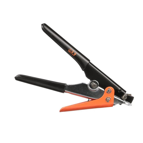 Pro Grade Heavy Duty Cable Tie Tensioning Tool For 120 To 250 Pound Ties Delivers Up To 65 Pound Tension Supports Fifteen Thirty Second Inch Wide Ties Grippy Handle For Easy Secure Fastening On The Job shown in side view, featuring black handle and metal body.