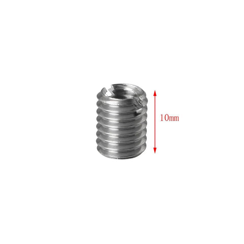 Front view of silver metal thread reducer sleeve, M8 male to M6 female, 10mm tall
