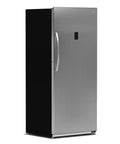 Hella Roomy 21 Cu Ft Upright Refrigerator Freezer Combo with sharp silver finish and smooth rolling casters.