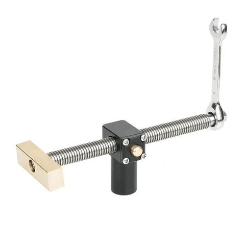 Rock Solid Adjustable Woodworking Workbench Vise And Zero Play Clamping Fixture For 20mm Bench Holes with aluminum and brass components.