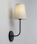 Rustic Vintage Wall Sconce Set Of 2 With Flared Funnel Linen Shade Matte Black Bedside Lamps For Bedrooms Reading Nook And Living Room Cozy Vibe E26 Compatible And Dimmable, side view of a single matte black sconce with linen shade