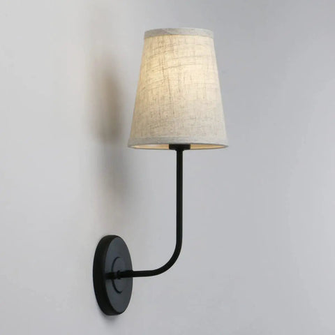 Rustic Vintage Wall Sconce Set Of 2 With Flared Funnel Linen Shade Matte Black Bedside Lamps For Bedrooms Reading Nook And Living Room Cozy Vibe E26 Compatible And Dimmable, side view of a single matte black sconce with linen shade
