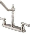 Heritage 8 Inch Centerset Kitchen Faucet In Brushed Nickel With Brass Sprayer And Washerless Cartridge Four Hole Install