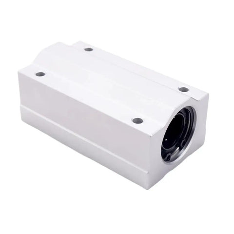 Slick Linear Ball Bearing Block And Linear Motion Slide Unit For CNC Router And 3D Printer Shaft Guide Rails with a white housing.