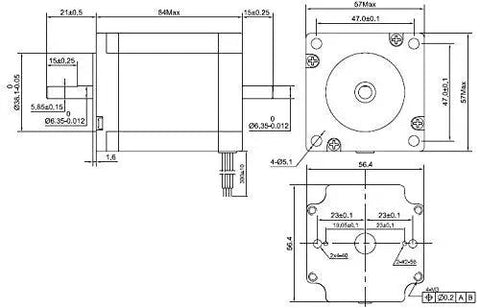 Technical drawing of Beefy Torque Dual Shaft Nema 23 Stepper Motor 2.83Nm showing dimensions and specifications for CNC use.