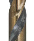 Side view of DeWALT 11/32 inch oxide twist drill bit with gold body and dark flutes.