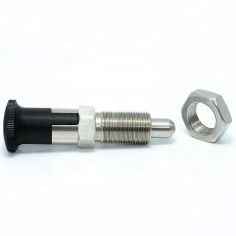 Top Shelf Stainless Steel Plunger Pin Set Double Pack For Tool Chest Organization With Quick Release Pull Ring Spring Loaded Self Locking Knob M10 Threads with nuts, showing detail and design.