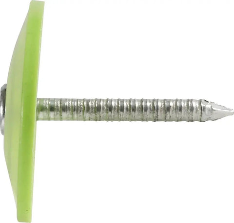 Rock Solid Electro Galvanized Roofing Nails Number 12 Gauge One Inch Long Spiral Shank With Flexible Plastic Cap Heads For House Wrap Sheathing And Underlayment Install, side view showing capped head.