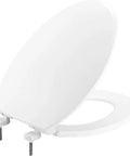 Heavy Duty Commercial Toilet Seat With Cover Elongated White Industrial Grade Stay-Tite Secure Install System Non Slip Stainless Steel Hardware Resists Rust Built To Last In Busy Restrooms, showing side view of open seat with metal hardware.