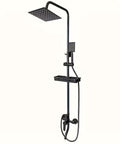 Black Rain Shower System with Handheld, Square Rainfall Head, matte black finish, includes showerhead and storage shelf.