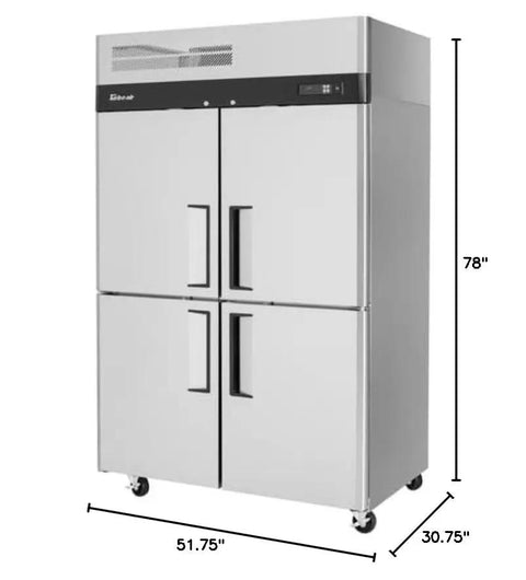 Heavy Duty Kickass Commercial Kitchen Workhorse Upright Refrigerator with stainless steel, four doors, 78" height.