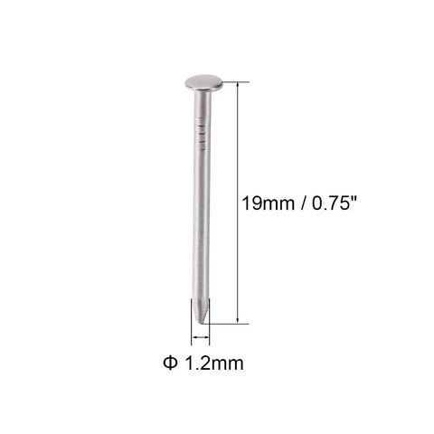 Real Deal Tiny Carbon Steel Nails Nickel Plated Silver Tone Mini Hardware Fasteners For Diy Wood Projects measure 19mm and 1.2mm diameter.